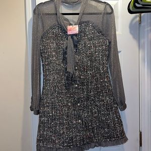 SHIMMER BOWKNOT MESH TWEED DRESS IN GREY